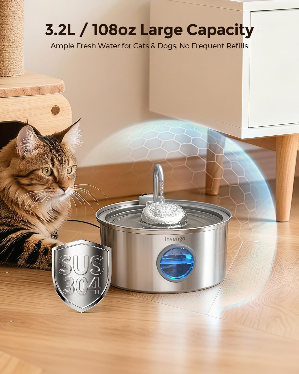 Cat Water Fountain Stainless Steel 108Oz/3.2L Pet Fountain