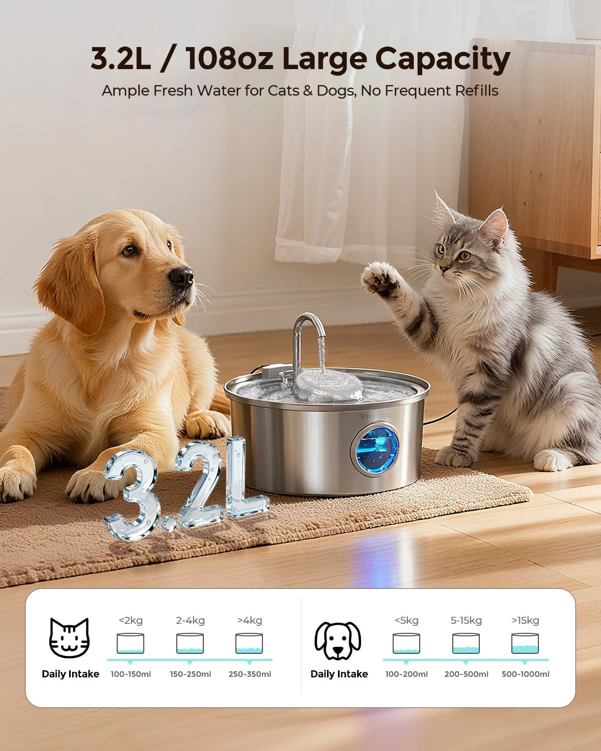 Cat Water Fountain Stainless Steel 108Oz/3.2L Pet Fountain